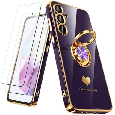 Nonional for Samsung Galaxy A35 5G Case with 2 Pack Screen Protector, 360° Rotatable Ring Holder [Luxury Hearts Pattern] Plating Gold Edge Slim Soft Phone Cover Case for Galaxy A35 - Purple