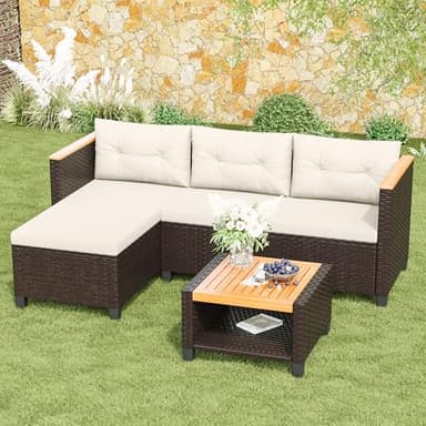 Green4ever 3-Piece Outdoor Patio Furniture Set, All-Weather PE Rattan Small Patio Sectional Sets with Storage Table, L Shaped Outdoor Couch with Cushions, Small Patio Sofa for Balcony Garden, Beige