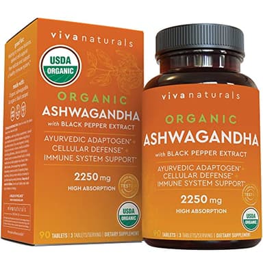 Organic Ashwagandha Supplement with Black Pepper - Includes 2250 mg Ashwagandha Root Powder & Organic Black Pepper for Superior Absorption (90 Tablets), Antioxidant & Immune Support
