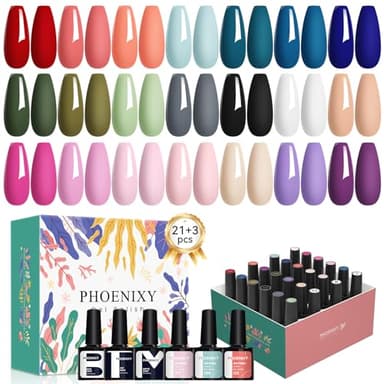 PHOENIXY 24 PCS Gel Nail Polish Set, 21 Colors Gel Nail Polish Kit with Base Glossy Matte Top Coat Black Gray Red Valentine Nail Kit Gifts for Women