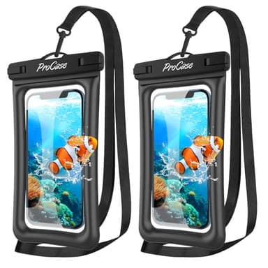 ProCase 2 Pack Floating Waterproof Phone Pouch IPX8, Universal Dry Bag Fits iPhone 17/16/15/14/13 Series, Galaxy S24/S23/S22, Pixel 8/7 (Up to 7”), Touchscreen, Underwater & Snow Protection -Black