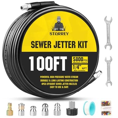 Pressure Washer Drain Jetter – Sewer Jetter Kit for Pressure Washer 100ft 1/4 Inch NPT Hose Nozzles and Adapter 5800PSI Clears Clogs in Pipes & Sewer Lines