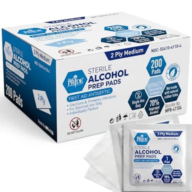 MED PRIDE Sterile Alcohol Prep Pads, Antiseptic, 70% Isopropyl, Individually Wrapped, Medical Grade 2 Ply Wipes (200 Count (Pack of 1) White)