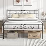 VECELO Full Size Bed Frame with Headboard, Heavy-Duty Platform with Metal Slats Support, No Box Spring Needed/Easy Assembly, Dark&Black