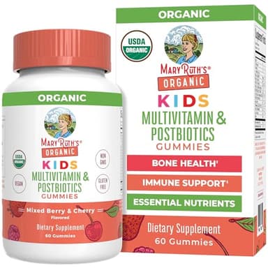 MARYRUTH'S Kids Vitamins USDA Organic | Multivitamin Gummies + Postbiotics for Ages 4+ | Multivitamin for Kids with Lactobacillus Rhamnosus | Children’s Vitamins | Vegan | Non-GMO | 60 Count