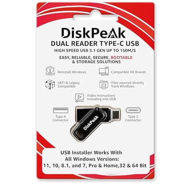 64GB Bootable USB Drive for Windows 11 & 10 - Clean Install, Upgrade, Reinstall - 32/64 Bit, All Versions (inc. 8/7) - Dual Type C & A (Key Not Included)