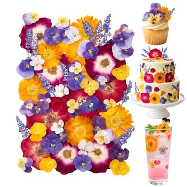 70 Pcs Edible Flowers for Cocktails & Cake Decorating – Real Dried Edible Flowers Cupcake Toppers, Food Grade Edible Pressed Flowers for Drinks, Garnish & Crafts (Pansies, Rose, Calendula, Lavender)