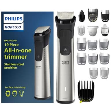 Norelco Philips Multigroom 7000 Series, All-in-One Trimmer, Beard Trimmer and Hair Clipper, 19-Piece Men's Grooming Kit for Beard, Head, Hair, Body, and Face, Soft Pouch, MG7910/49