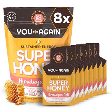 You Again Super Honey Clean Energy Gel, Honey & Himalayan Salt | Electrolyte Replenishment Running Fuel | Endurance Workouts & Cycling Gel | Paleo & Carnivore Snack | Gluten-Free | USA Made | 8-Pack