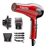 KISS 1875 Watt Pro Tourmaline Ceramic Hair Dryer, Styling Edition, 3 Heat Settings, 2 Speed Settings, Cool Shot Button, 7 Blow Dryer Accessories Included, 2-Year Warranty - Red