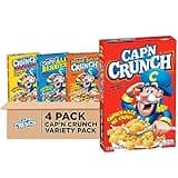 Quaker Cap'n Crunch Breakfast Cereal, 4 Flavor Variety Pack, (4 Pack), Sweetened Corn & Oat Cereal Original, Crunch Berries, Oops All Berries, Peanut Butter