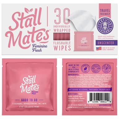 Stall Mates Feminine Fresh - Flushable Wipes, Individually Wrapped Cleansing Travel Friendly PH balanced Unscented with Sunflower, Rosemary and Aloe (30 on-the-go singles)