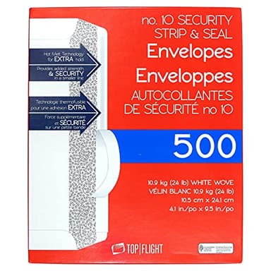 Top Flight PSTF10NWT #10 Envelopes, Strip & Seal, Security Tinted, White Paper, 24 lb, 500 Count