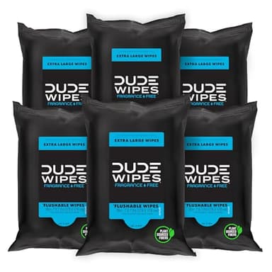 DUDE Wipes Unscented Travel Wipes - 6 Packs of 18 (108 Count) - Extra-Large Adult Flushable Wipes for Sensitive Skin - Infused with Vitamin E and Aloe - Septic and Sewer Safe