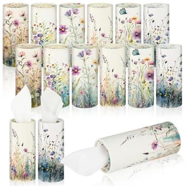 Layhit 12 Pcs Car Tissues Round Facial Tissues Boxes Vintage Floral Printed Travel Cylinder Cube Holder Bulk for Car Cup Holder(Flowers)
