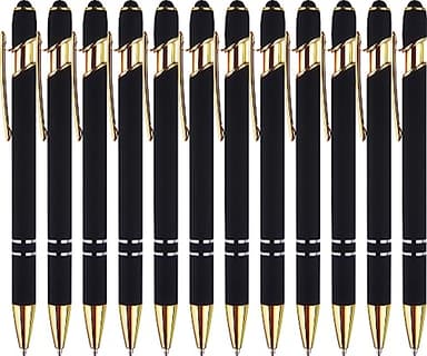 LINFANC 12 Pack Black Gold Ballpoint Pen with Stylus Tip, 1.0 mm Black Ink Smooth Writing Pens, Metal Stylus Pens for Touch Screens