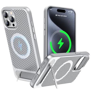 ZHOGTNEG for Magnetic Heat Dissipatio case for iPhone 15 Pro Max, for MagSafe, Cooling Drop Protection, Adjustable Kickstand case, Ice Armour Cool Matte Material - Silver