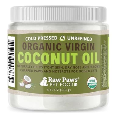 Raw Paws Virgin Organic Coconut Oil for Dogs & Cats, 4-oz - Treatment for Itchy Skin, Dry Nose, Paws - Hot Spot Lotion - Natural Hairball Remedy for Cats