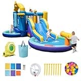 OLAKIDS Inflatable Water Slide, 6 in 1 Ocean Theme Bounce House Water Park with Slide Splash Pool Ball Pit Water Gun 735W Blower 50PCS Ocean Balls, Outdoor Inflatable Obstacle Course for Kids Backyard