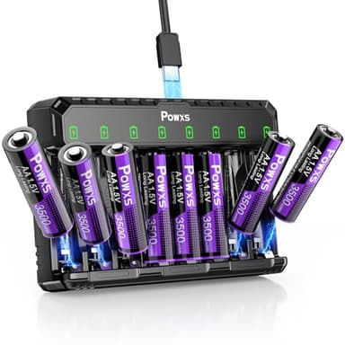 POWXS Rechargeable Lithium AA Batteries with Charger 8-Pack 3500mWh, 2000 Cycles Li-ion/Ni-MH Fast Charging Station, USB-C for Blink Camera/Game Controller,Compatible with AA/AAA (AA Included)