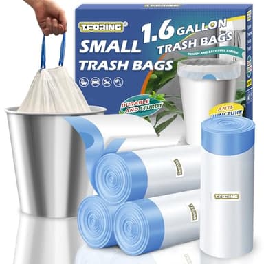 T.FORING 1.6 Gallon Mini Trash Bags Drawstring - 120 Count Strong Small Garbage Bags Unscented,White Trash Can Liners Strong Little Waste Basket Bags 6 Liter for Home Bathroom Office Car