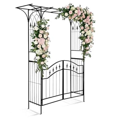VINGLI Garden Arbor, Garden Arch Trellis with Gate for Climbing Plants Outdoor, 6.8ft Metal Garden Arch for Christmas Wedding Party Birthday, Black