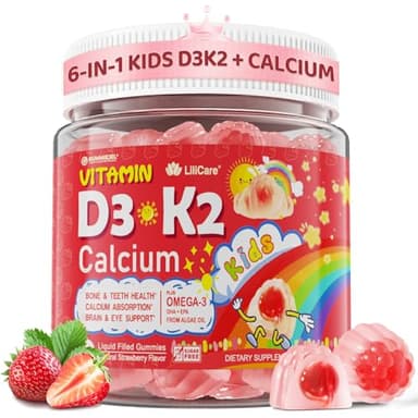 Vitamin D3 K2 + Calcium Liquid-filled Gummies for Kids & Teens, 1000IU/2000IU D3 with Magnesium, Algal Omega 3, Vitamin for Kids for Bones & Teeth, Calcium Absorption, Brain, Immunity,Sugar-Free,60Cts