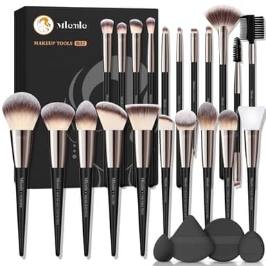 Makeup Brushes Set, Mlemle Professional 25 Pcs Makeup Kit, Include Powder Foundation Concealers Blush Eye shadows 21 Pcs Makeup Brushes and 2 Powder Puff, 2 Makeup Sponge(B02-CreamBlack)