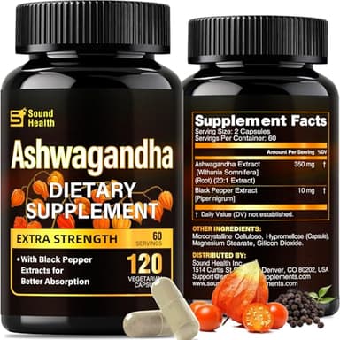 7000mg Ashwagandha Supplements Powder (20:1 Root Extract), 120 Organic Ashwagandha Capsules for Women & Men, Black Pepper & BioPerine for Absorption, Non GMO, Third-Party Tested, Gluten Free