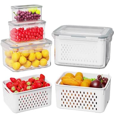 4 Pcs Fruit Storage Containers for Fridge (with Drain Basket) - Leak-Proof Food Containers, BPA-Free, Keep Fruits, Vegetables, Berries, and Meats Fresh for a Long Time, Dishwasher and Microwave Safe