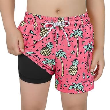 Century Star Boys Swim Trunks with Compression Liner Size 10-12-Anti Chafe Quick Dry Bathing Suit Beach Shorts for Kids Pink Pineapple