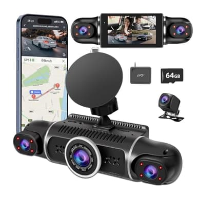 360° Dash Cam Front and Rear View 4 Channel Dash Camera FHD 2K+1080Px3 for Car, Inside/Back 170°+2x150°+170° Wide Angle, 8 IR Lamps Night Vision,WiFi,GPS, APP,G-Sensor with 64GB Card,24/7 Parking Mode