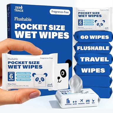 Zero Trace Flushable Wipes Pack Portable Travel Wipes – Pocket Size for Adults, Kids & Baby Care – 99.5% Water, Safe for Sensitive Skin, Hypoallergenic & Unscented – 10 Packs × 6 (60 Total)