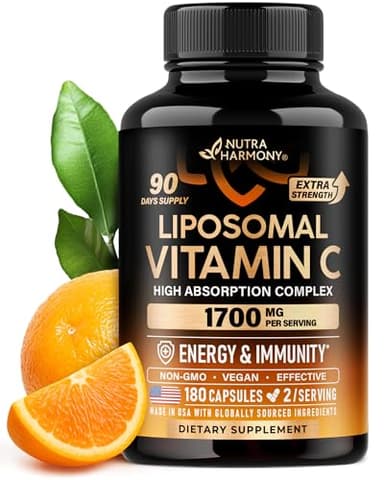 Liposomal Vitamin C 1700 mg - High Absorption Fat Soluble Complex - Antioxidant, Energy Boost & Immune Support - Vitamin C Supplement - NON-GMO, SOY-Free & Gentle on Stomach - 180 Capsules