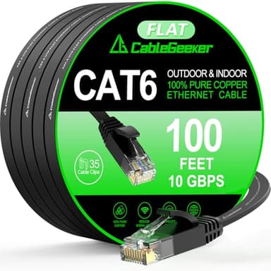 Cat 6 Ethernet Cable 100 ft, Indoor&Outdoor, High Speed 10Gbps Internet Network, Pure Copper Flat Ethernet Patch Cable Long, Computer LAN Cable with Clips & Straps for Router, Modem, PS4/5, Black