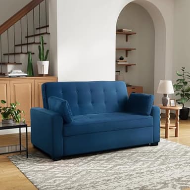 Serta Ainsley 66.5" Convertible Sleeper Loveseat, Full Size, Dreamcoil Comfort, Soft Velvet Fabric, Navy
