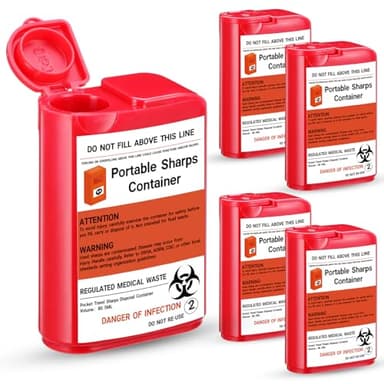 Baderke 5 Pack Pocket Travel Sharps Disposal Container Sharps Containers for Home Use Small 80 Ml Container Diabetic Supplies Easy to Use for Diabetic Needles, Lancets, Strips (Red)