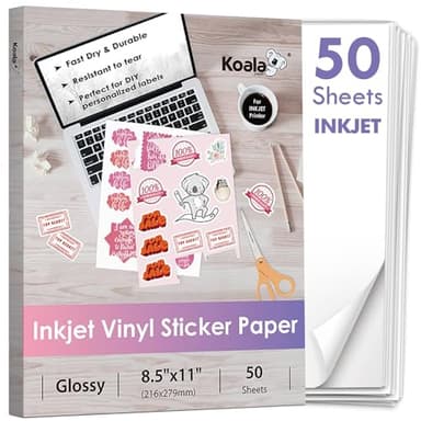 Koala Inkjet Printable Vinyl Sticker Paper for Inkjet Printer - 50 Sheets White Glossy Sticker Paper, Waterproof Sticker Printer Paper 8.5x11 Inch, Tear-Resistant, Removable