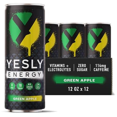 Yesly Energy - All Natural Clean Energy Drink - Zero Sugar Functional Energy Infused with Vitamins and Electrolytes - Green Apple, 12 Fl Oz (Pack of 12)
