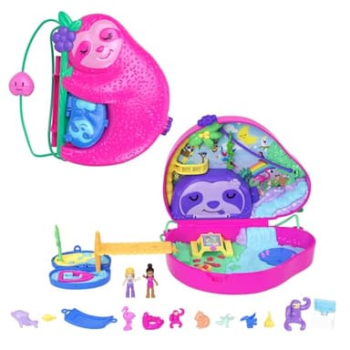Polly Pocket Playset & Travel Toy with 2 Micro Dolls & 12 Accessories, Animal Toy, Sloth 2-in-1 Purse Compact