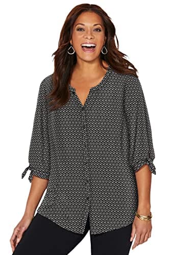 Catherines Women's Plus Size Georgette Button Down Tie Sleeve Cafe Blouse - 2X, Black White Tile Print