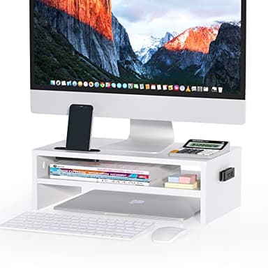 BONTEC Wooden Monitor Stand Riser, 2-Tier Desk Shelf with Storage Organizer, Ergonomic Computer Stand with Cable Management, Cellphone Holder, White, 16.5 Inch