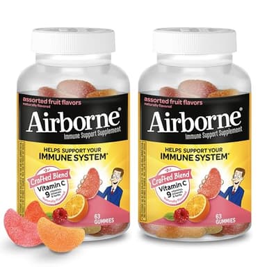 Airborne 750mg Vitamin C Gummies for Adults, Immune Support Gummies with Powerful Antioxidants VIT C & E, Caffeine Free - 2x63ct Bottle (42 Servings), Assorted Fruit Flavor