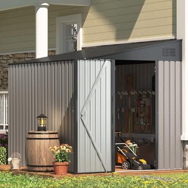 AECOJOY 6' x 8' Lean to Storage Shed, 8x6 Outdoor Storage Cabinet Shed Metal Wall Side Storage Sheds & Outdoor Storage, Garden Storage Cabinet for Backayrd, Patio, Outdoor Use in Grey