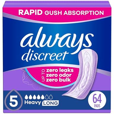 Always Discreet Adult Incontinence Pads for Women, Drier vs Poise, 5 Drop Long Length, Heavy Absorbency, Pads for Bladder Control Management, Bladder Leaks, & Postpartum Pads, 64ct