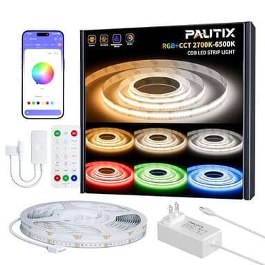 PAUTIX COB LED Strip Lights,20ft RGB+CCT 2700K-6500K White LED Lights,Dimmable Color Changing RGB LED Strip Light,with Remote/APP Control,for Kitchen Cabinets,Ceiling,Party DIY Lighting Projects