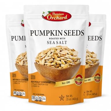 ROASTED PUMPKIN SEEDS to Eat in Shell by Premium Orchards MIXED NUTS - Salted with Sea Salt - Non-GMO Vegan Fresh Healthy Snacks/ - Great source of Plant Protein, Zinc, Magnesium & Iron (Value Pack - 3 Bags)