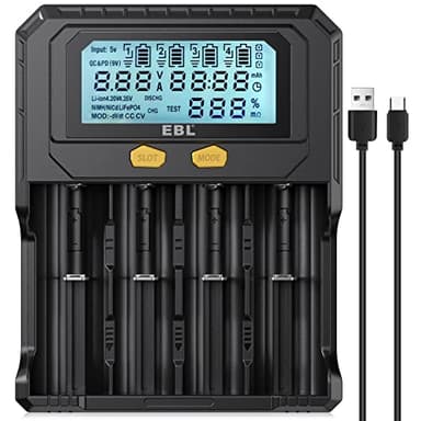 EBL 18650 Battery Charger with Discharge & Testing Functions, Universal Battery Charger for 3.6V/3.7V/3.85V Li-ion/INR/IMR/ICR/3.2VLiFePO4, 1.2V Ni-MH/Ni-CD Rechargeable Batteries