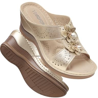 TEMOFON Womens Wedge Sandals Leather: Casual Dressy Women Champagne Gold Summer Platform Wedge Sandals Slip on Low Heels Comfortable Walking Size 8
