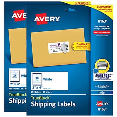 Avery Printable Shipping Labels with Sure Feed, 2" x 4" Customizable Stickers, White, 500 Blank Mailing Labels Total, Great for Mailing, Shipping, and More (2-Pack of 8163)